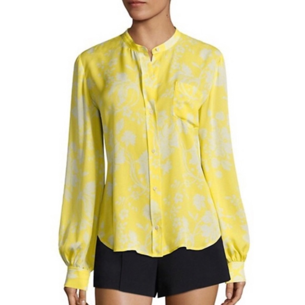 A.L.C. Floral Walter Silk Button Up 100% Silk Yellow Shirt; Size 4